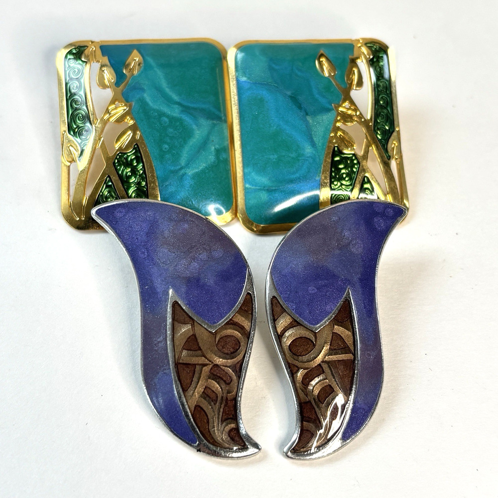 vtg 80s Berebi Earrings big oversized enameled pierced gold tone